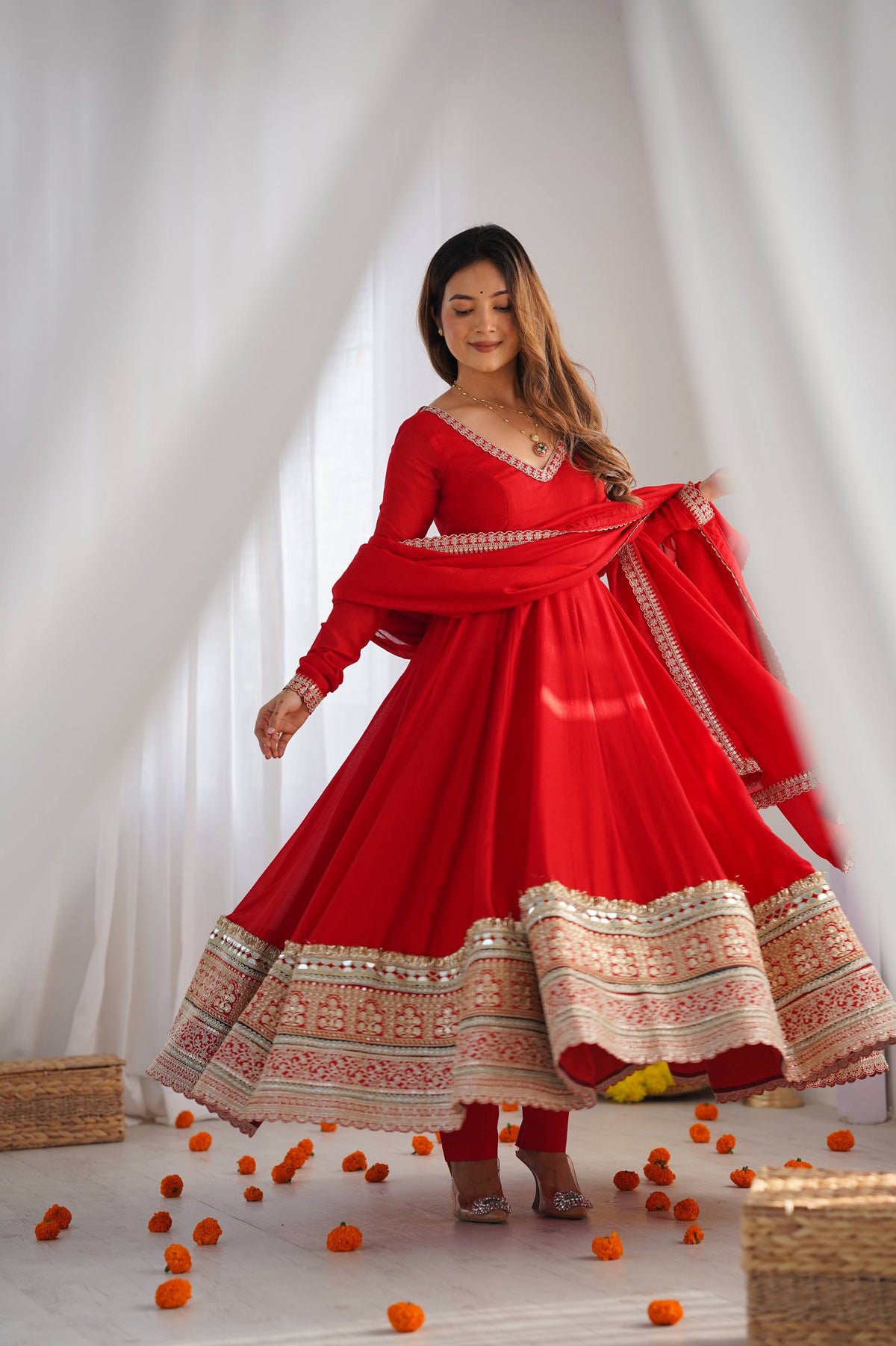 Designer Red Color Vichitra Silk Arti Chauhan Wear Anarkali Gown