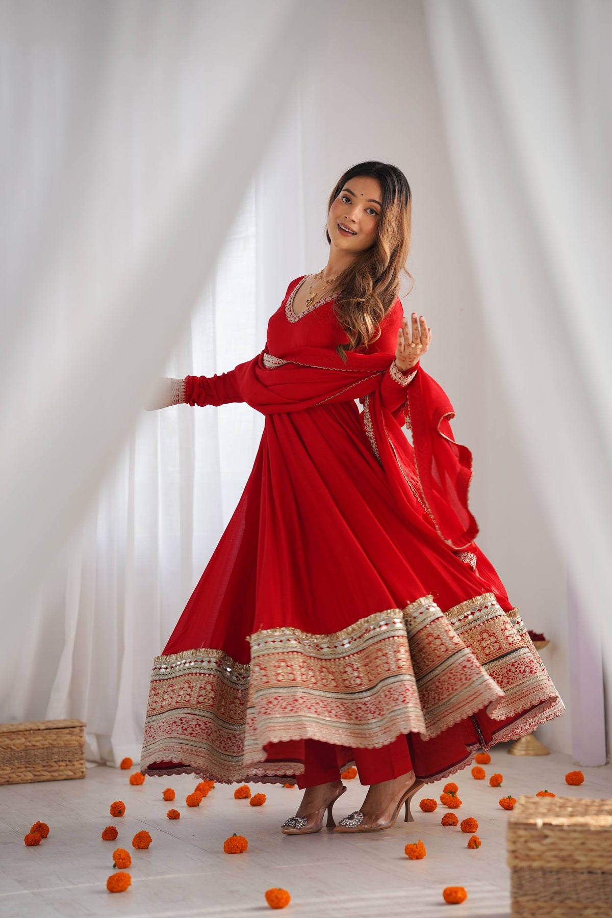 Designer Red Color Vichitra Silk Arti Chauhan Wear Anarkali Gown