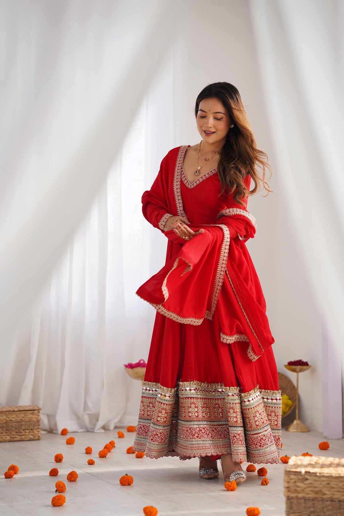 Designer Red Color Vichitra Silk Arti Chauhan Wear Anarkali Gown