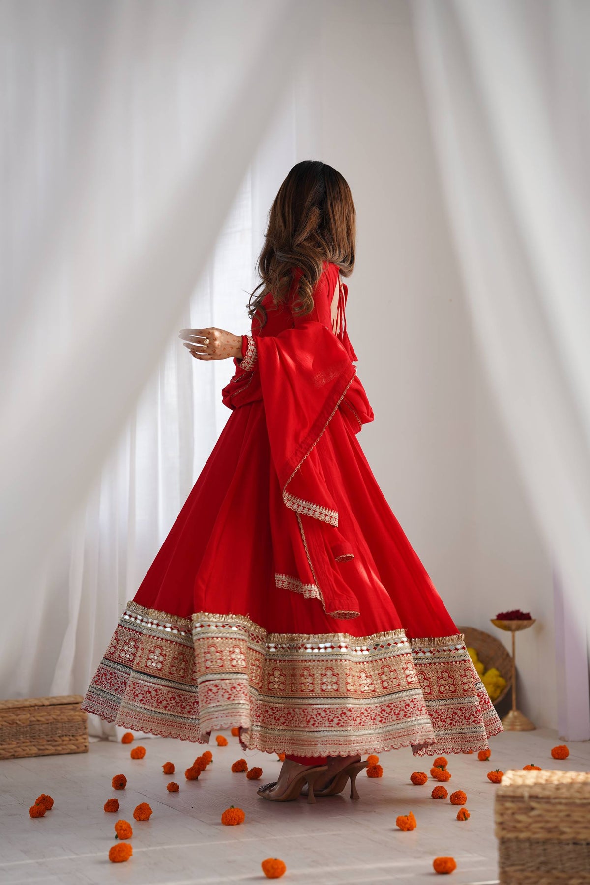 Designer Red Color Vichitra Silk Arti Chauhan Wear Anarkali Gown