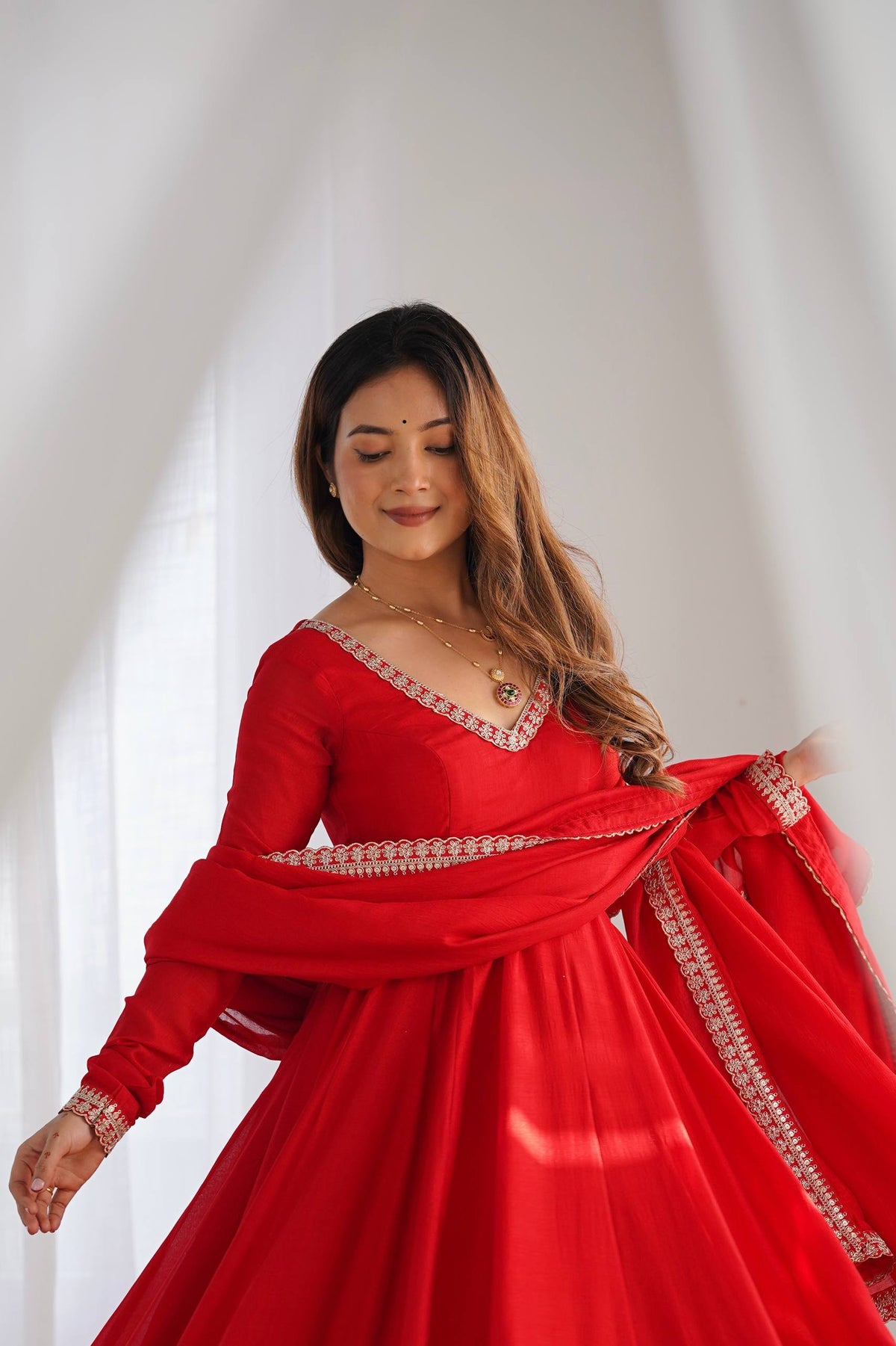 Designer Red Color Vichitra Silk Arti Chauhan Wear Anarkali Gown
