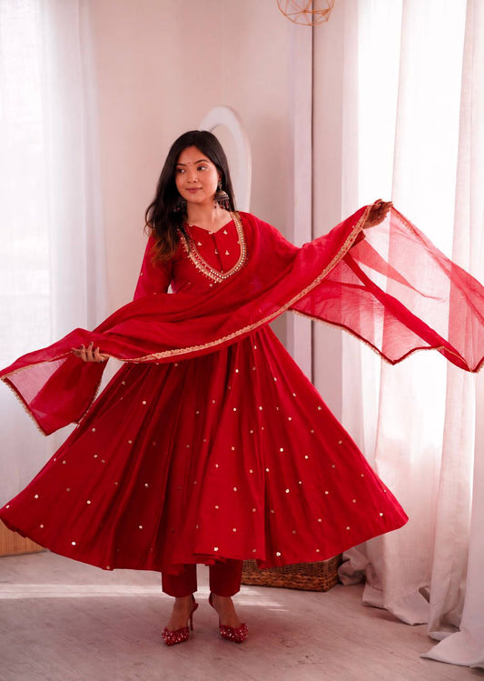 Red Color Embroidery With Real Mirror Work Arti Chauan Anarkali Suit