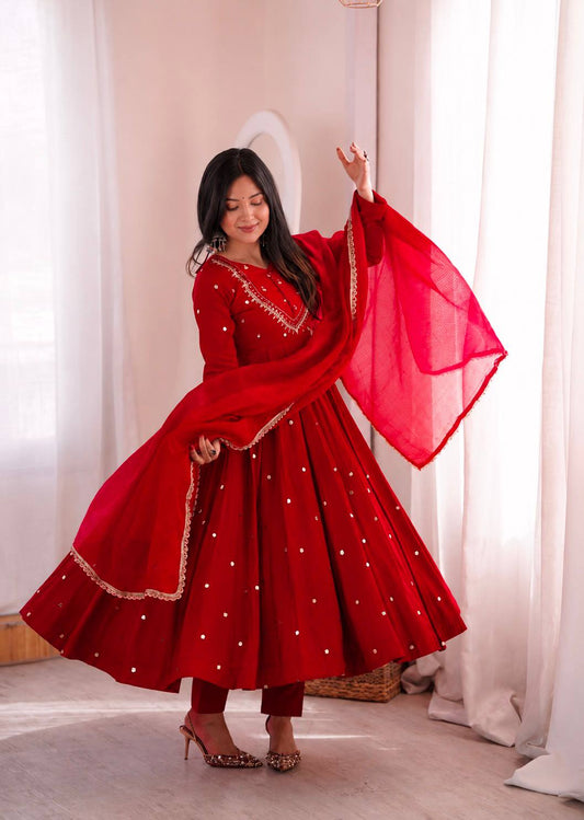 Red Color Embroidery With Real Mirror Work Arti Chauan Anarkali Suit