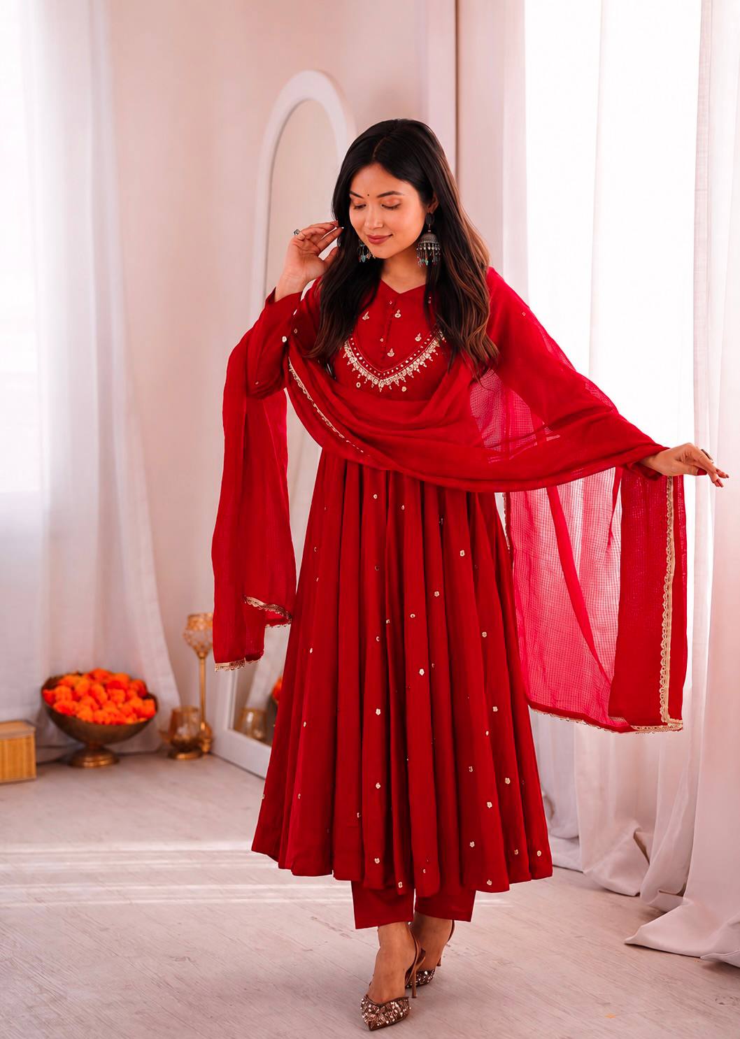 Red Color Embroidery With Real Mirror Work Arti Chauan Anarkali Suit