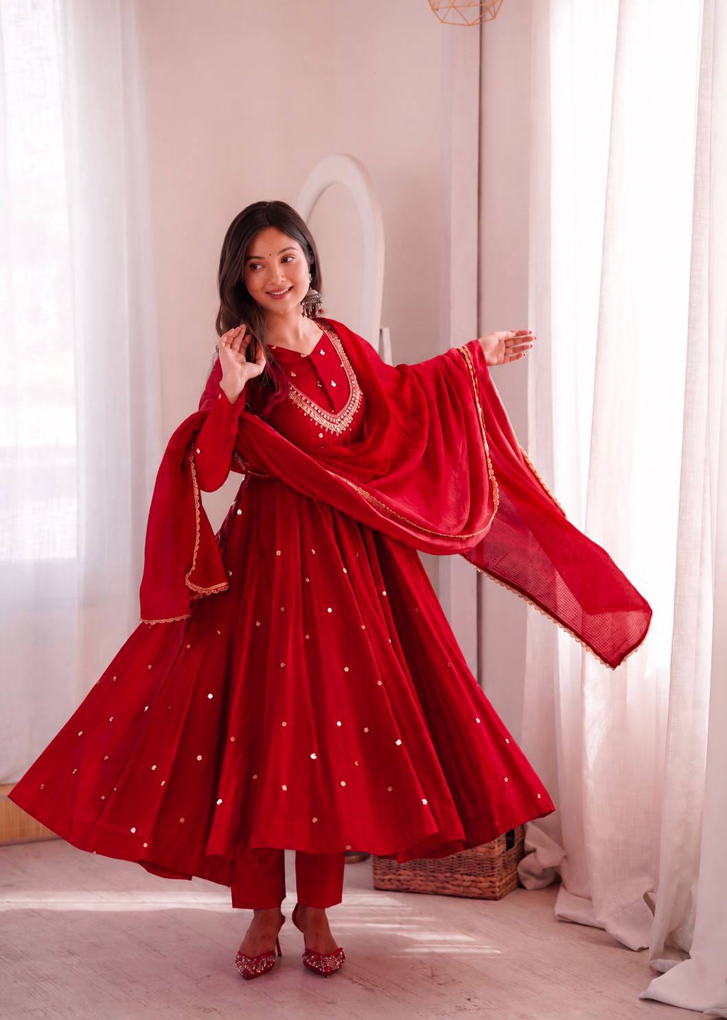 Red Color Embroidery With Real Mirror Work Arti Chauan Anarkali Suit