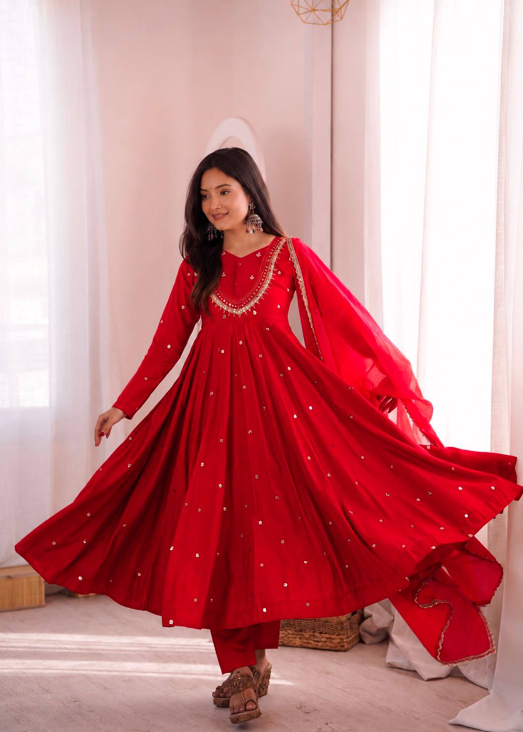 Red Color Embroidery With Real Mirror Work Arti Chauan Anarkali Suit