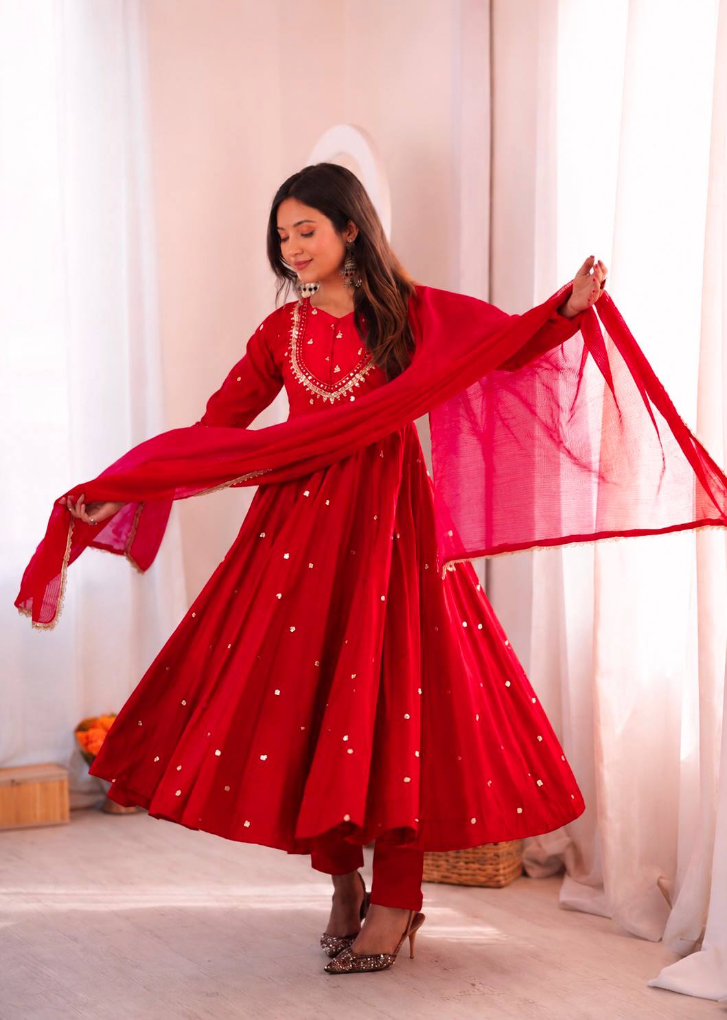 Red Color Embroidery With Real Mirror Work Arti Chauan Anarkali Suit