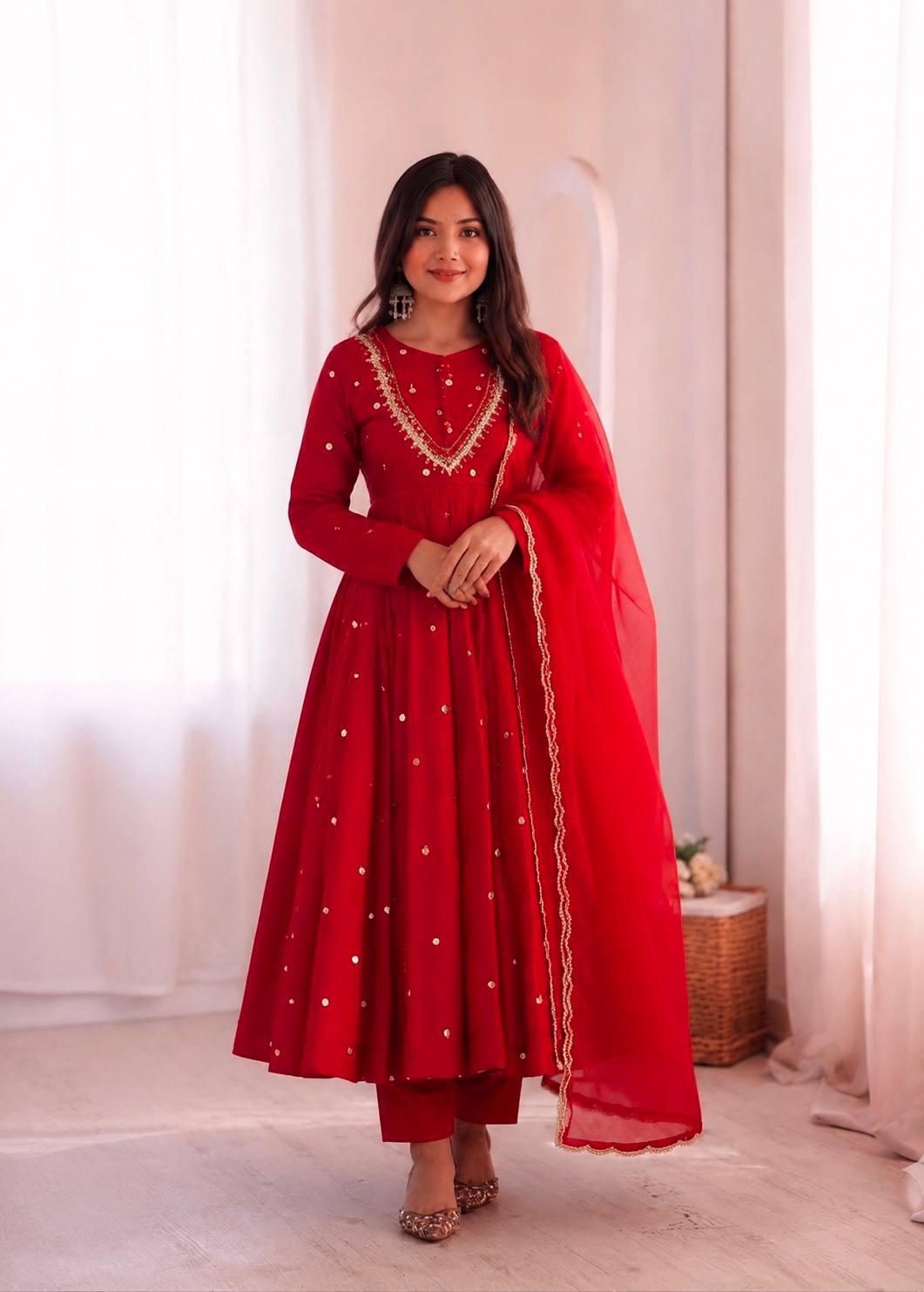 Red Color Embroidery With Real Mirror Work Arti Chauan Anarkali Suit