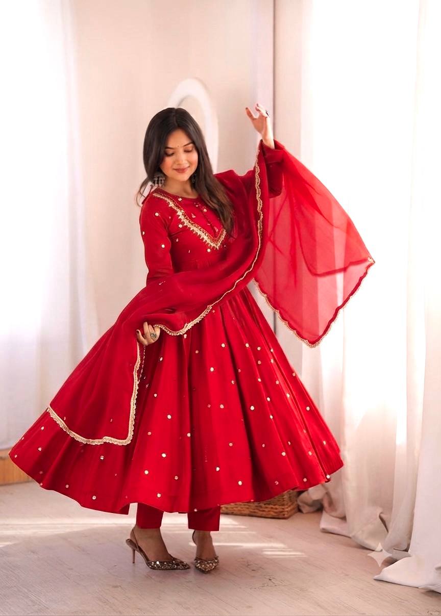 Red Color Embroidery With Real Mirror Work Arti Chauan Anarkali Suit