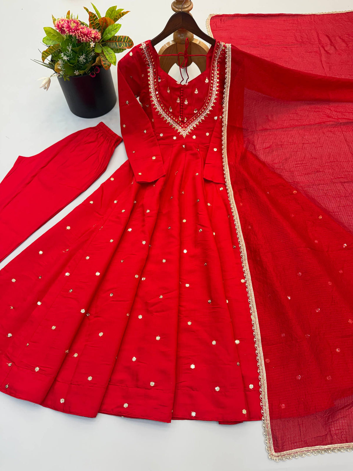 Red Color Embroidery With Real Mirror Work Arti Chauan Anarkali Suit