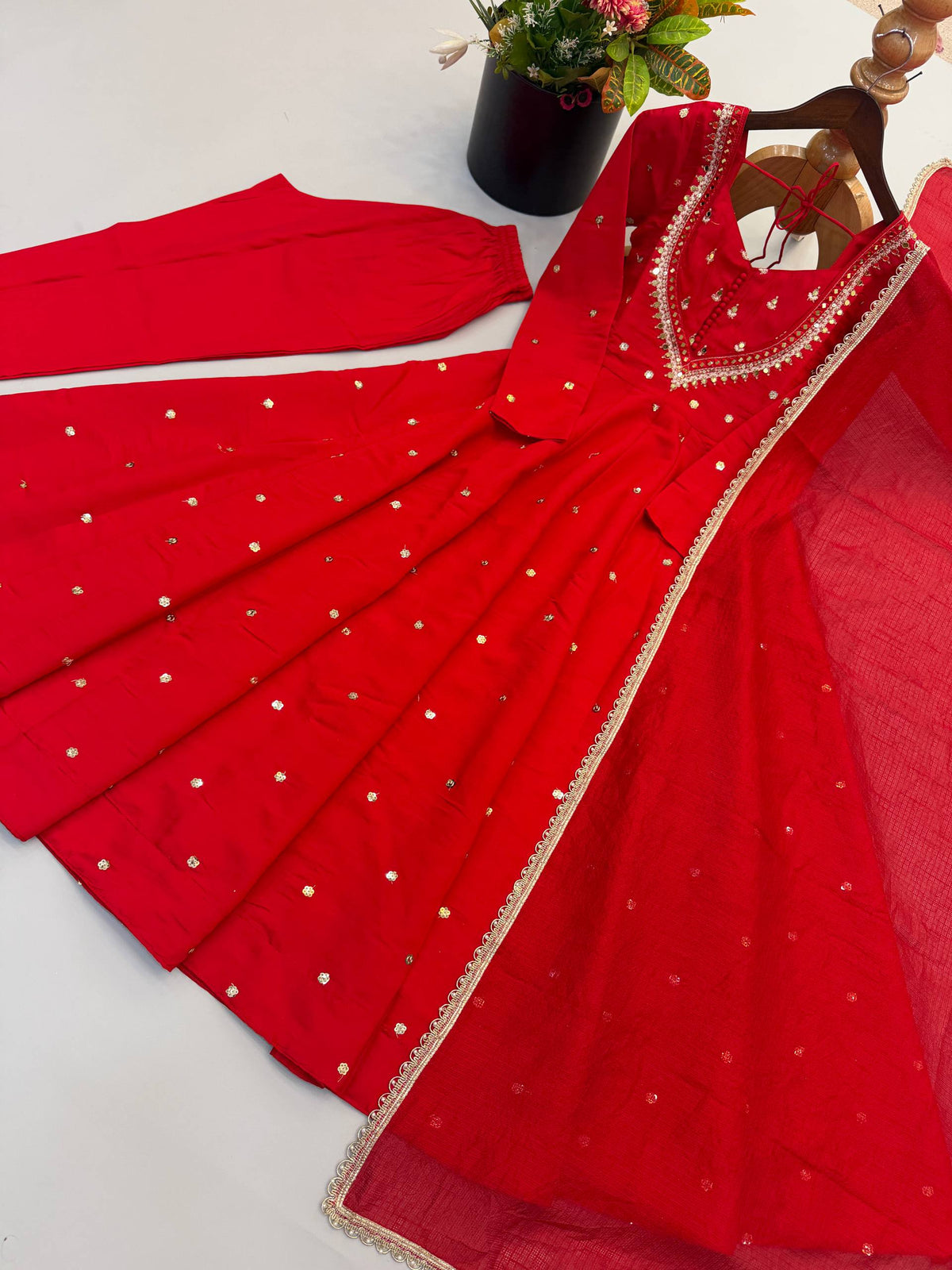Red Color Embroidery With Real Mirror Work Arti Chauan Anarkali Suit