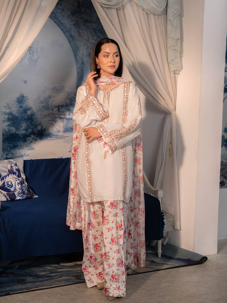 Wedding Wear Off White Crepe Embroidered Farshi Pant
