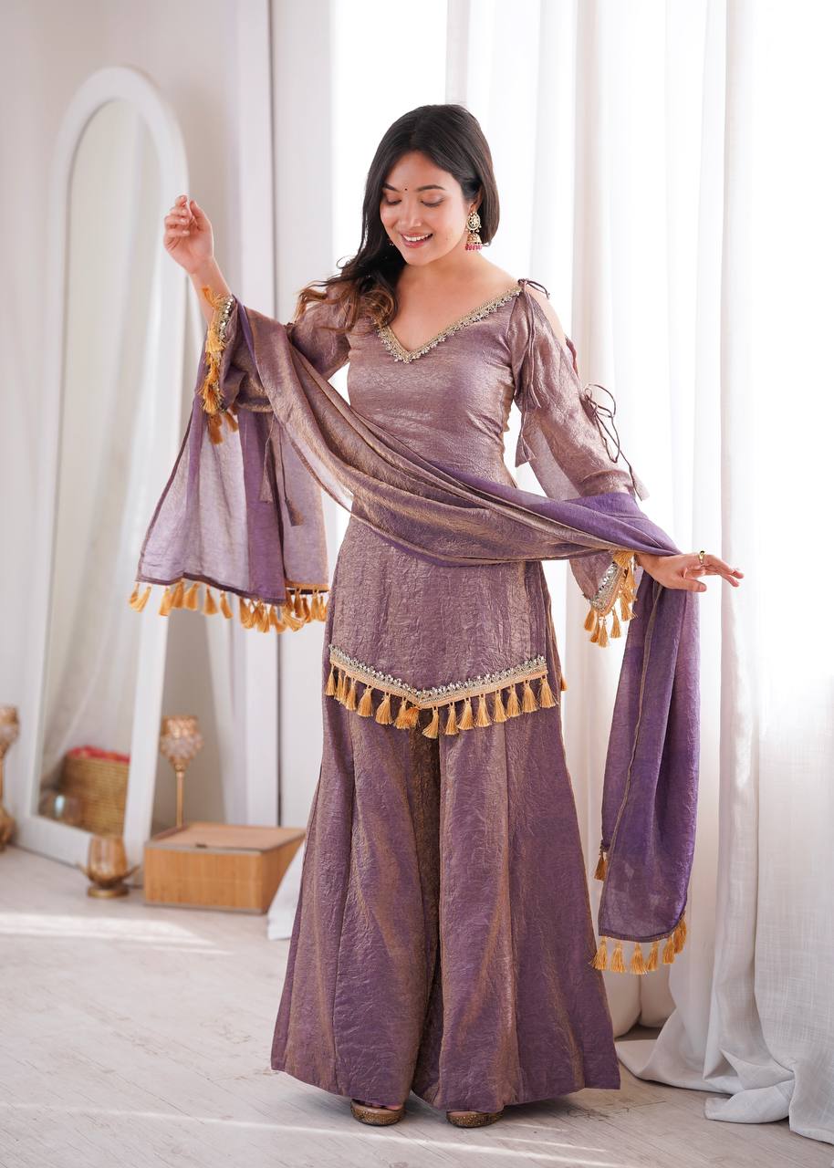 Arti Chauhan Wear Purple Color Mirror Work Wedding Palazzo Suit