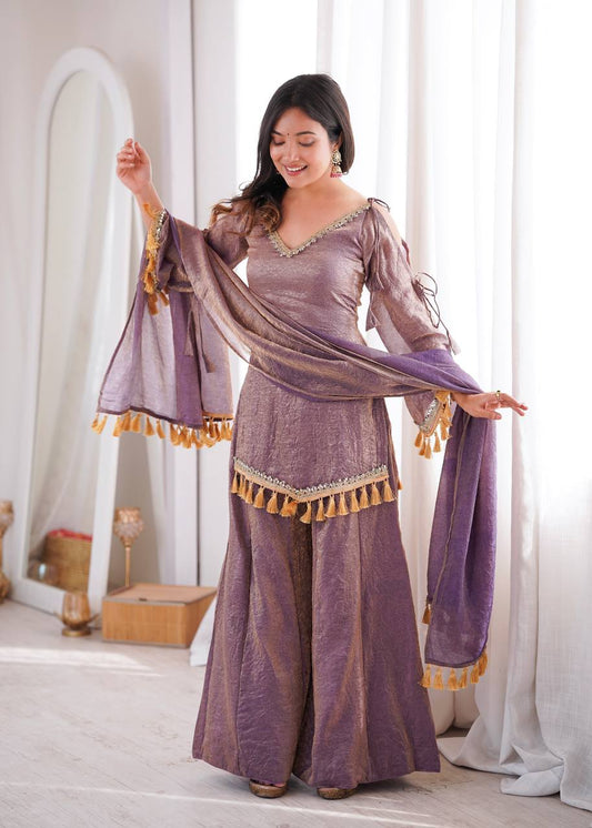 Arti Chauhan Wear Purple Color Mirror Work Wedding Palazzo Suit