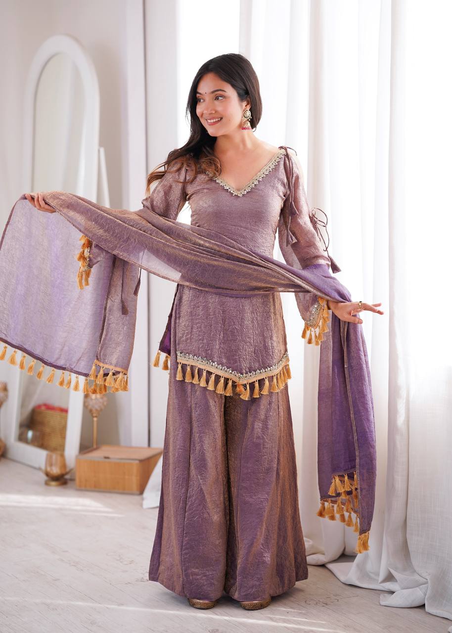 Arti Chauhan Wear Purple Color Mirror Work Wedding Palazzo Suit