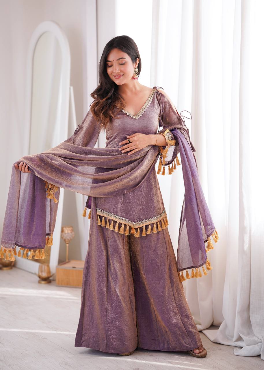 Arti Chauhan Wear Purple Color Mirror Work Wedding Palazzo Suit