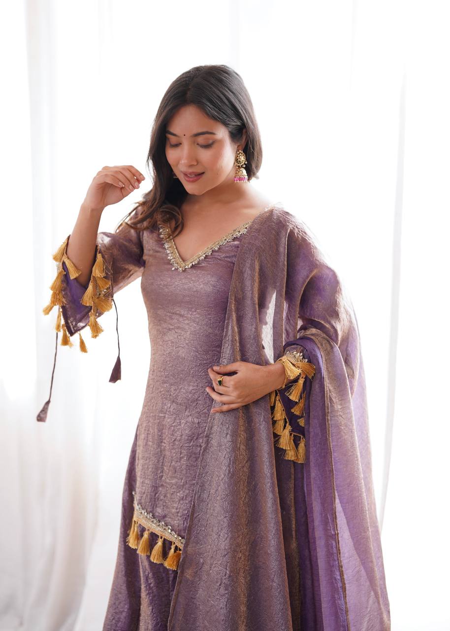 Arti Chauhan Wear Purple Color Mirror Work Wedding Palazzo Suit