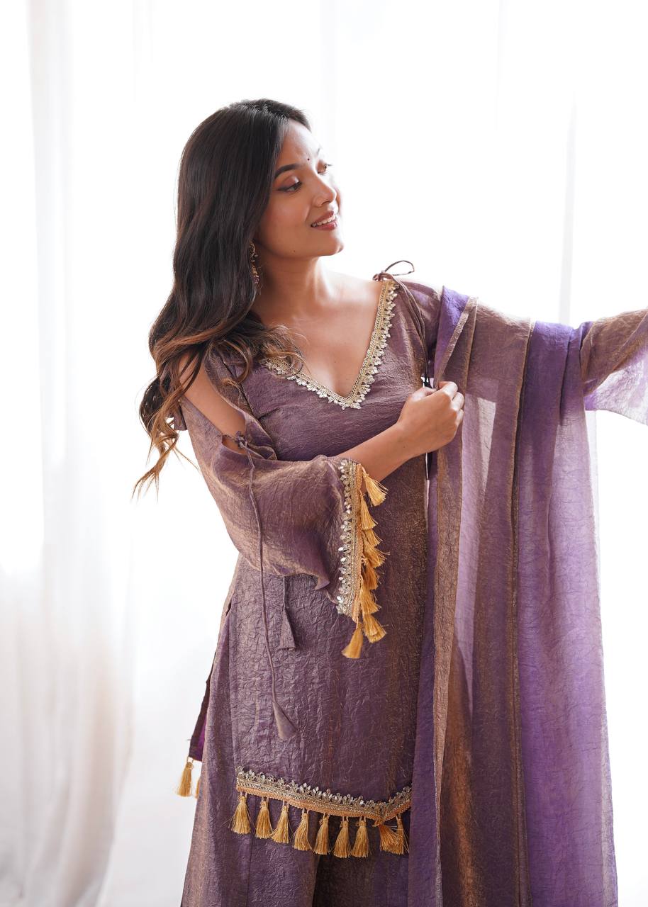 Arti Chauhan Wear Purple Color Mirror Work Wedding Palazzo Suit