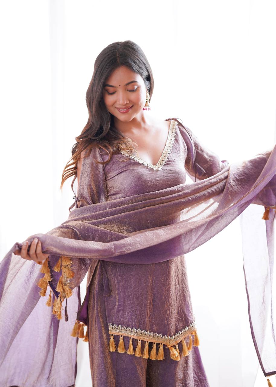 Arti Chauhan Wear Purple Color Mirror Work Wedding Palazzo Suit