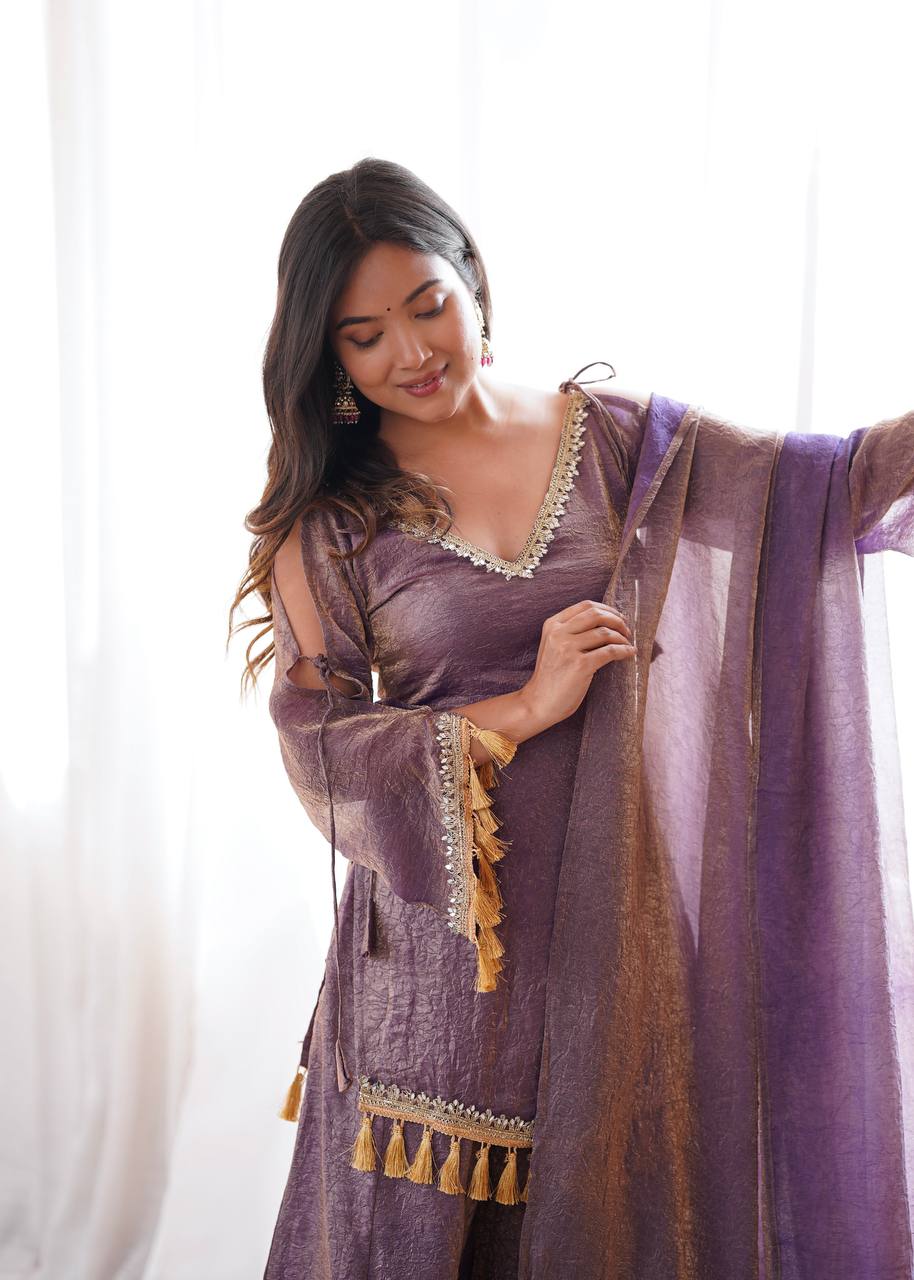 Arti Chauhan Wear Purple Color Mirror Work Wedding Palazzo Suit