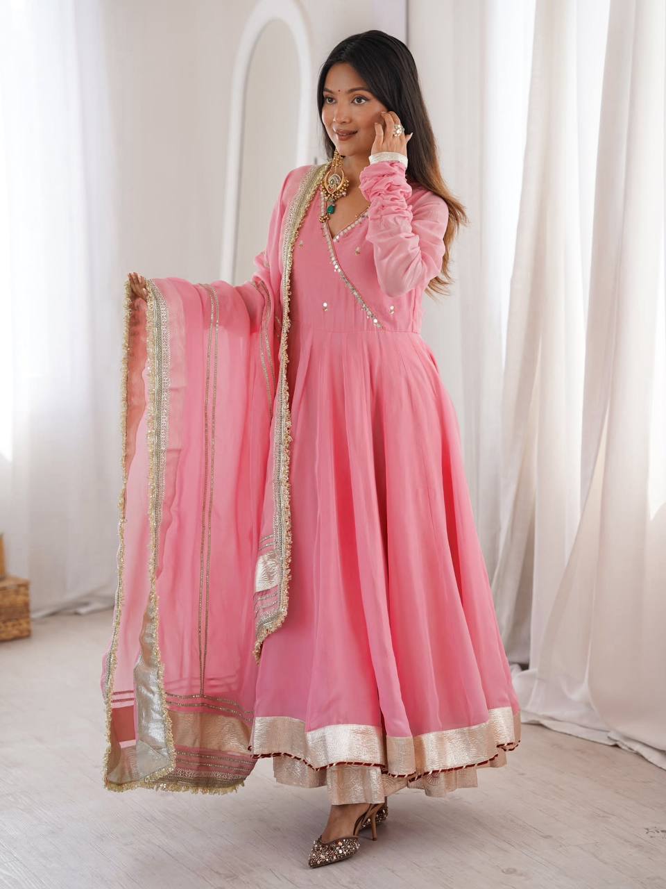 Neha's Wear Pink Color Organza Silk Mirror Hand Work Anarkali Lehenga
