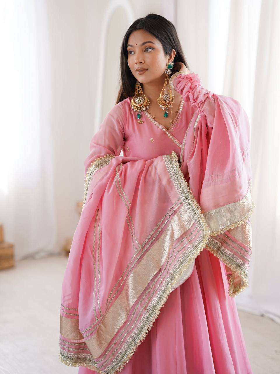 Neha's Wear Pink Color Organza Silk Mirror Hand Work Anarkali Lehenga