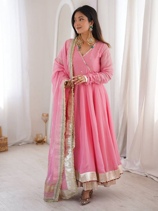 Neha's Wear Pink Color Organza Silk Mirror Hand Work Anarkali Lehenga