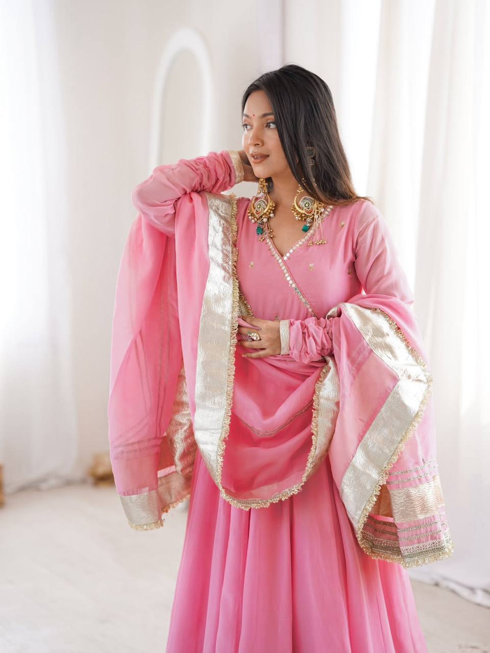 Neha's Wear Pink Color Organza Silk Mirror Hand Work Anarkali Lehenga