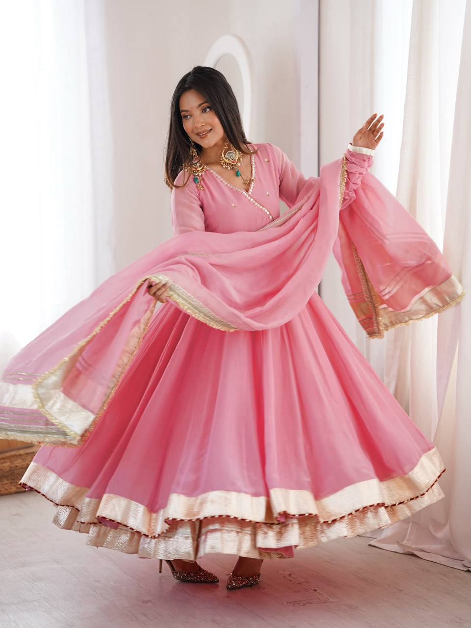 Neha's Wear Pink Color Organza Silk Mirror Hand Work Anarkali Lehenga