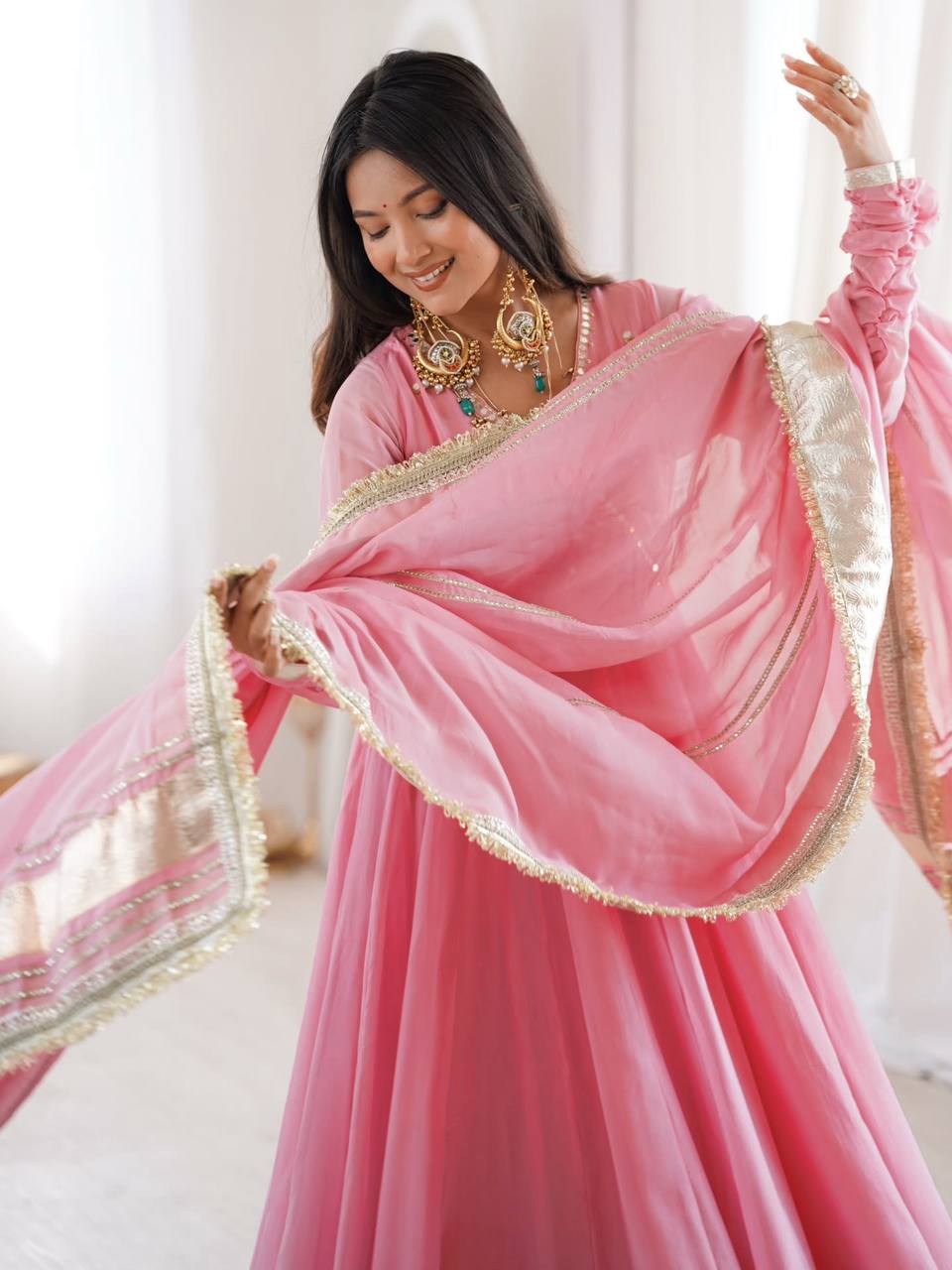 Neha's Wear Pink Color Organza Silk Mirror Hand Work Anarkali Lehenga