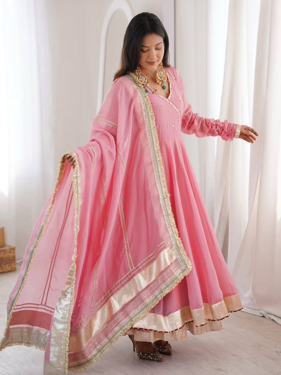 Neha's Wear Pink Color Organza Silk Mirror Hand Work Anarkali Lehenga