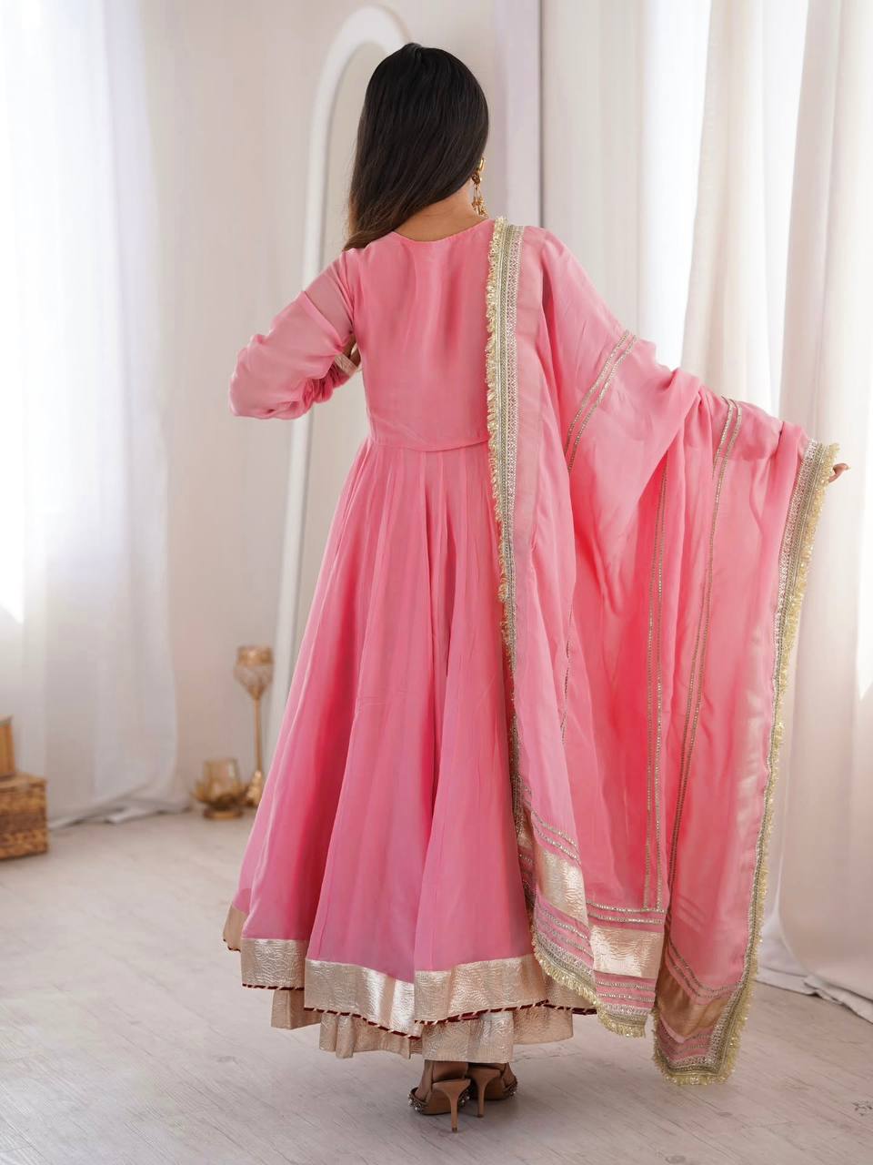 Neha's Wear Pink Color Organza Silk Mirror Hand Work Anarkali Lehenga