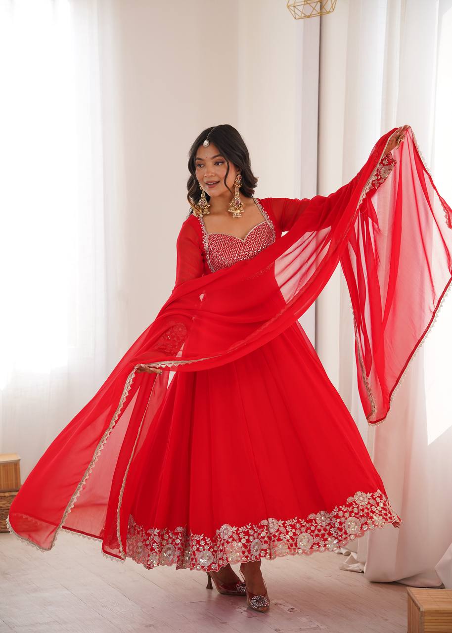 Designer Heavy Faux Georgette Arti Chauhan Wear Red Anarkali Suit