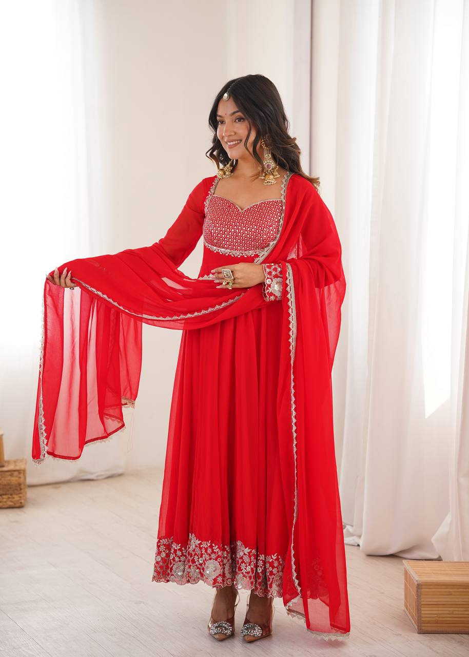Designer Heavy Faux Georgette Arti Chauhan Wear Red Anarkali Suit