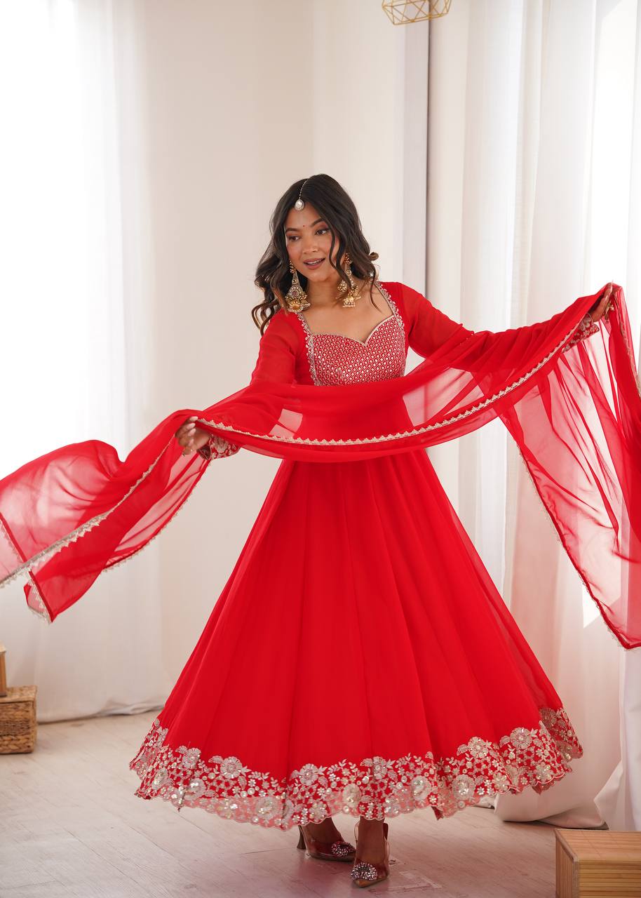 Designer Heavy Faux Georgette Arti Chauhan Wear Red Anarkali Suit