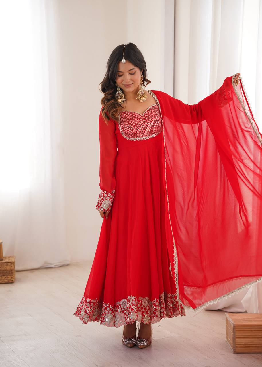 Designer Heavy Faux Georgette Arti Chauhan Wear Red Anarkali Suit