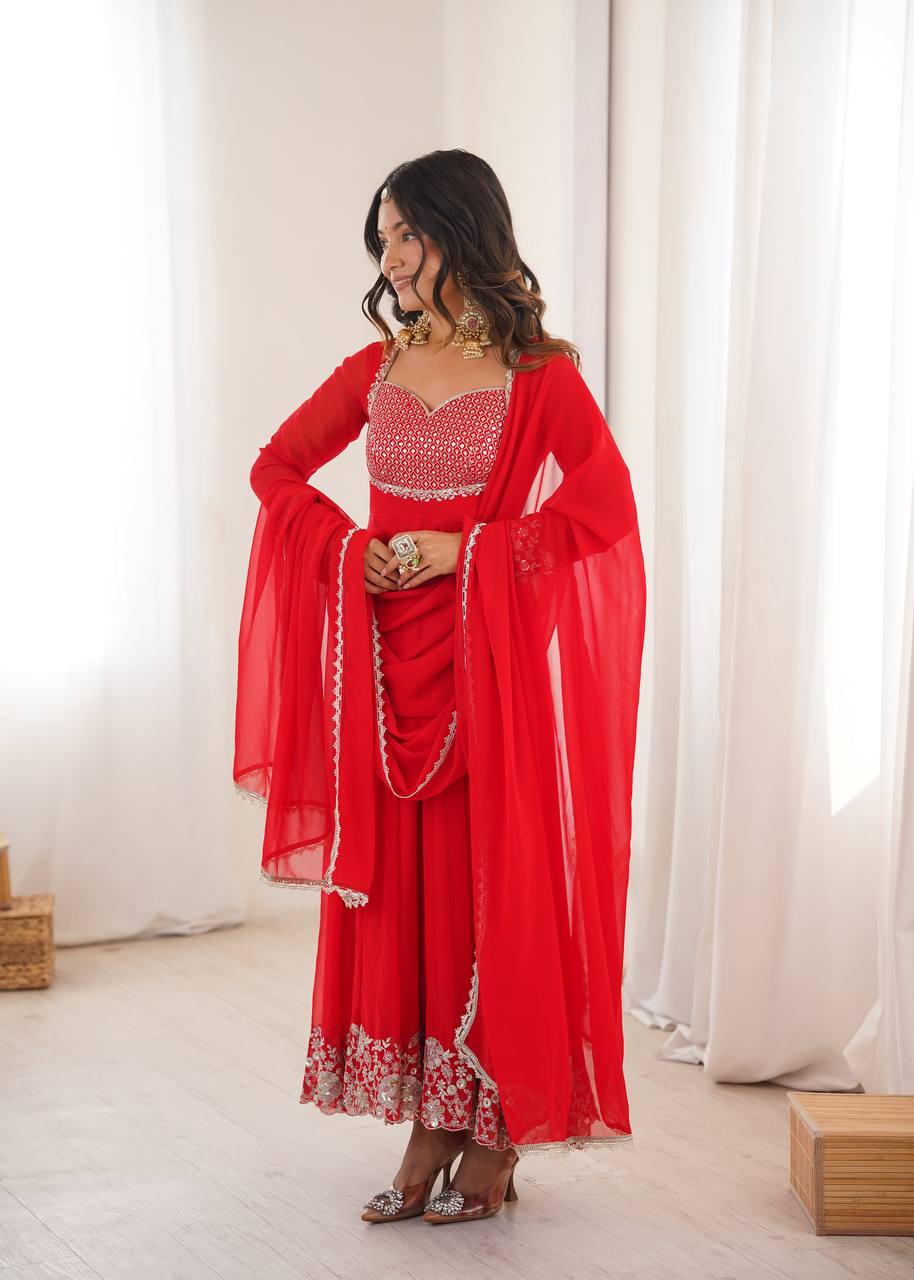 Designer Heavy Faux Georgette Arti Chauhan Wear Red Anarkali Suit