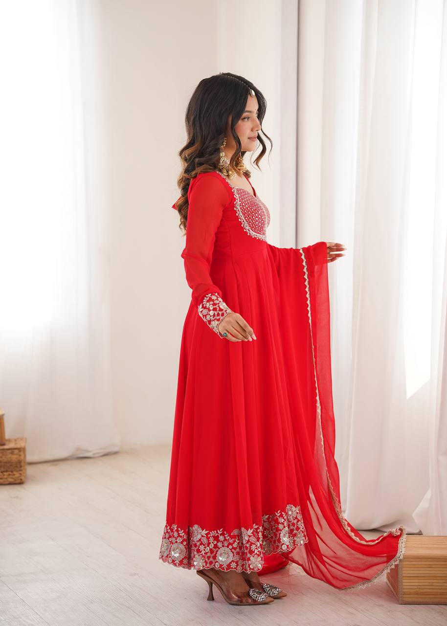 Designer Heavy Faux Georgette Arti Chauhan Wear Red Anarkali Suit