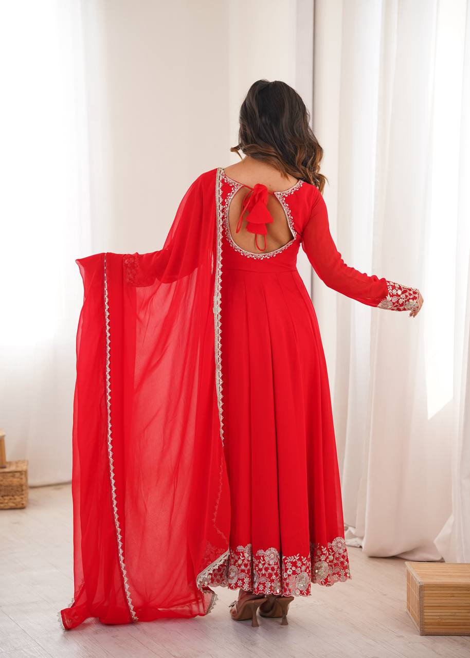 Designer Heavy Faux Georgette Arti Chauhan Wear Red Anarkali Suit