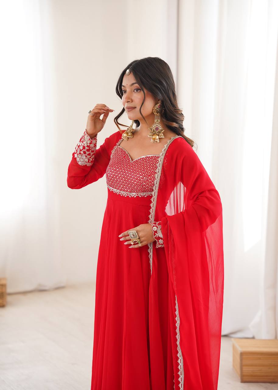 Designer Heavy Faux Georgette Arti Chauhan Wear Red Anarkali Suit