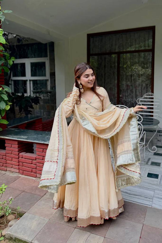 Neha's Wear Cream Color Organza Silk Mirror Hand Work Anarkali Lehenga