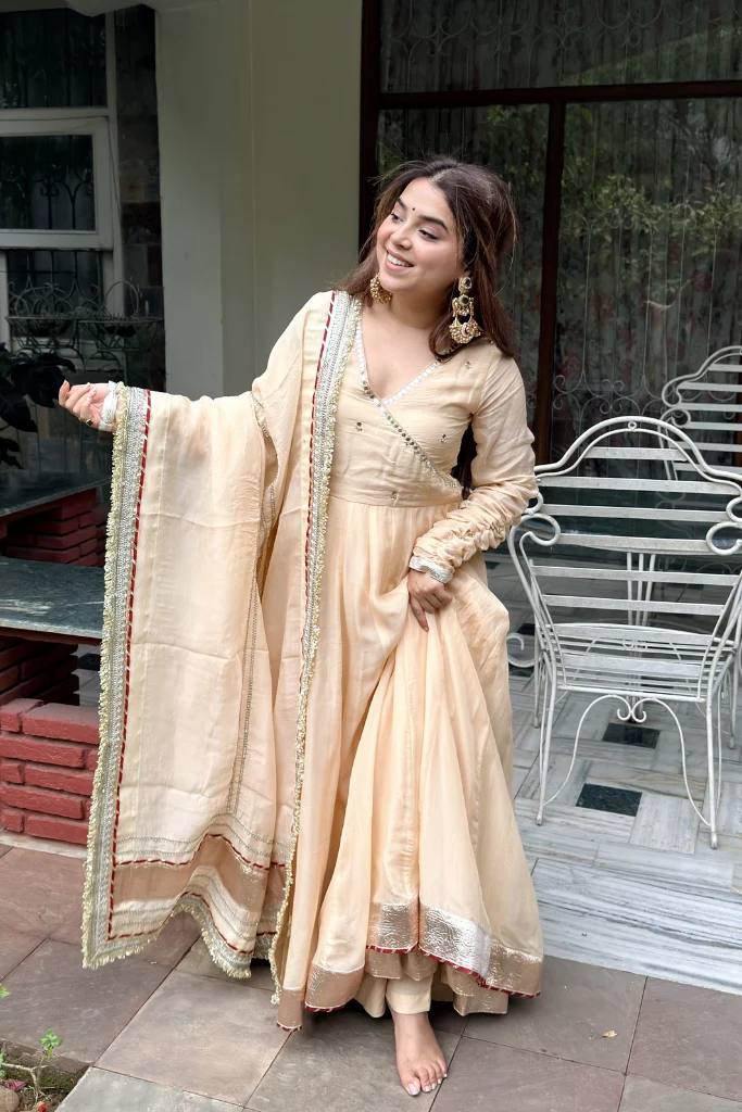 Neha's Wear Cream Color Organza Silk Mirror Hand Work Anarkali Lehenga