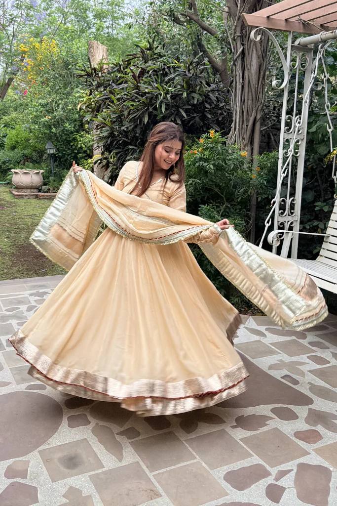 Neha's Wear Cream Color Organza Silk Mirror Hand Work Anarkali Lehenga