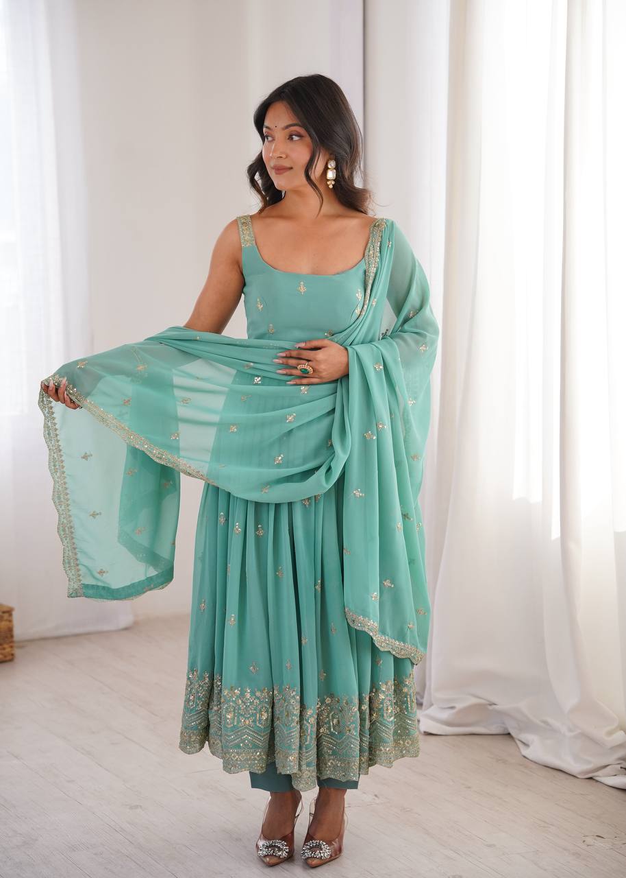 Designer Heavy Faux Georgette Aqua Green Color Anarkali Suit