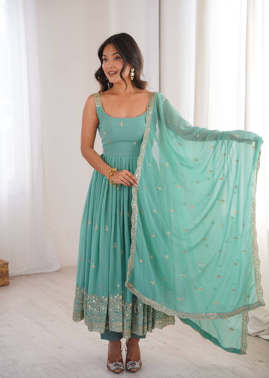 Designer Heavy Faux Georgette Aqua Green Color Anarkali Suit