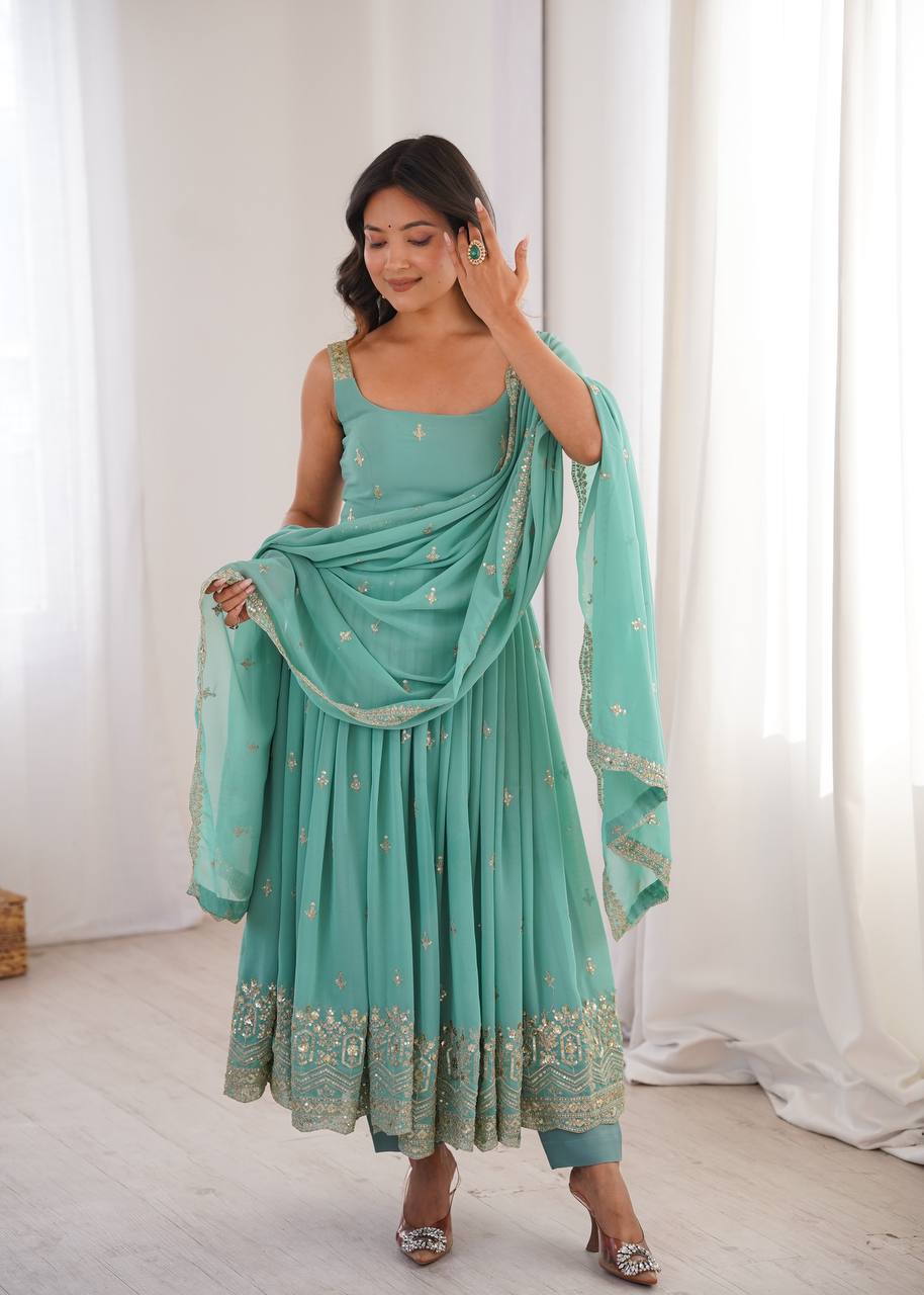 Designer Heavy Faux Georgette Aqua Green Color Anarkali Suit