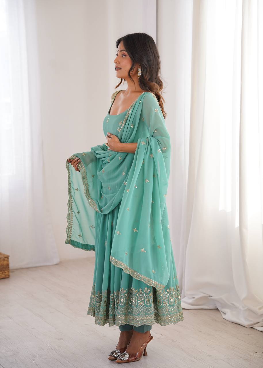 Designer Heavy Faux Georgette Aqua Green Color Anarkali Suit