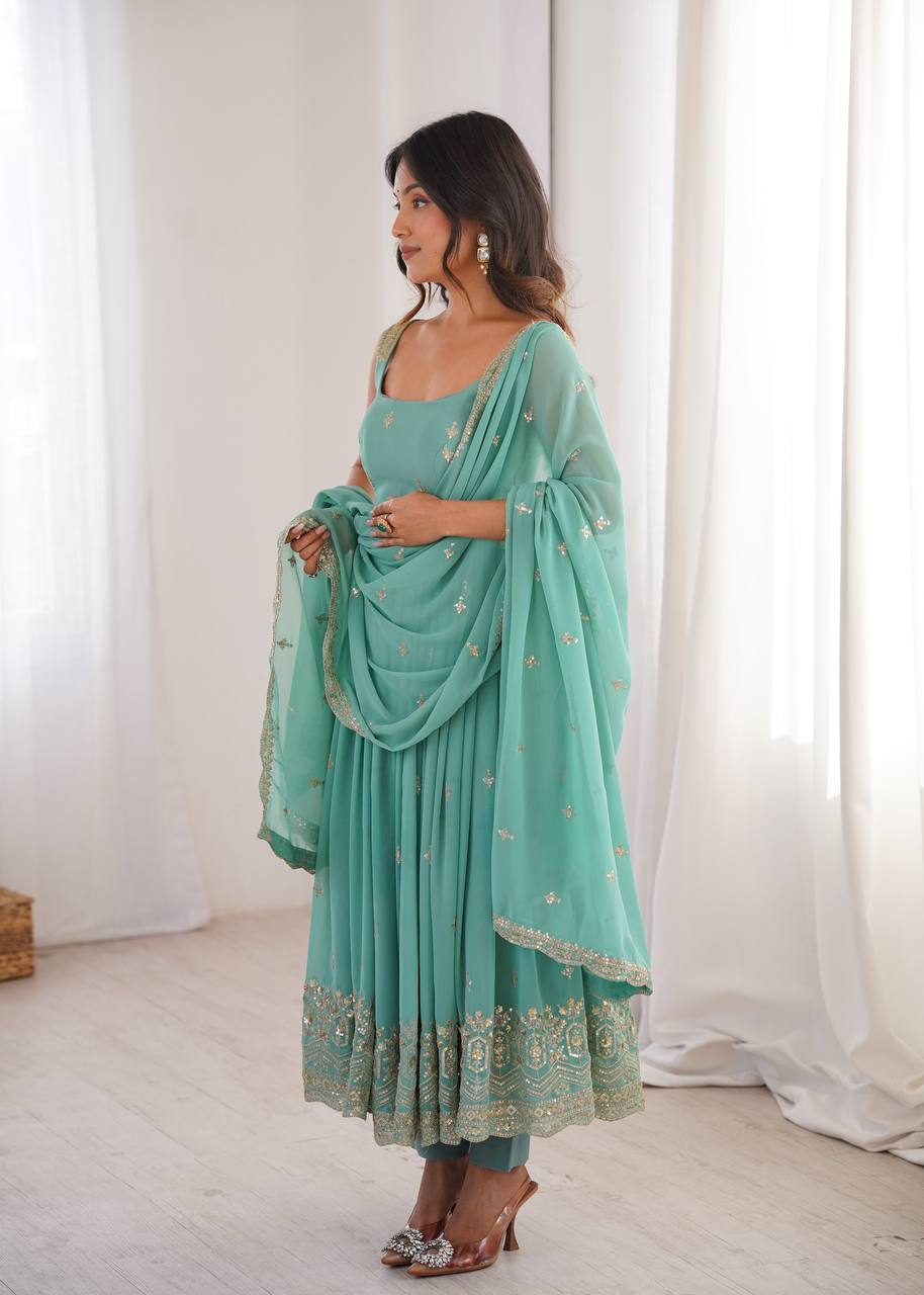 Designer Heavy Faux Georgette Aqua Green Color Anarkali Suit