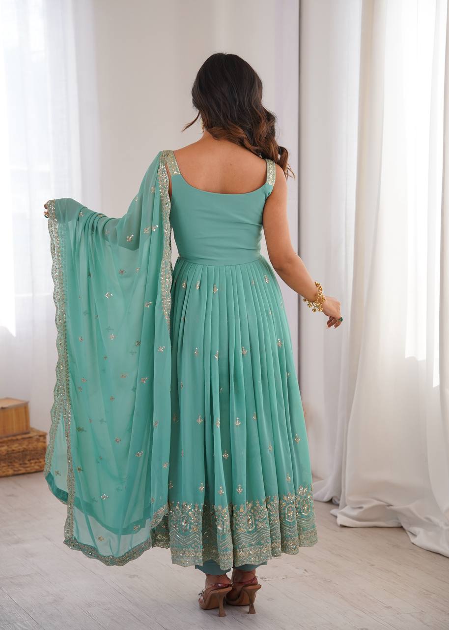 Designer Heavy Faux Georgette Aqua Green Color Anarkali Suit