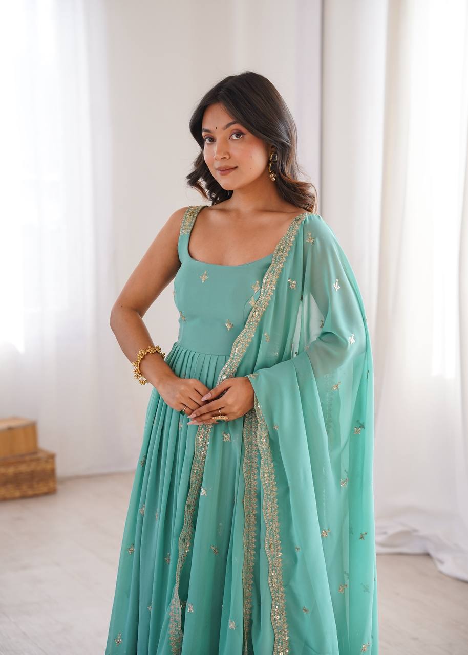 Designer Heavy Faux Georgette Aqua Green Color Anarkali Suit